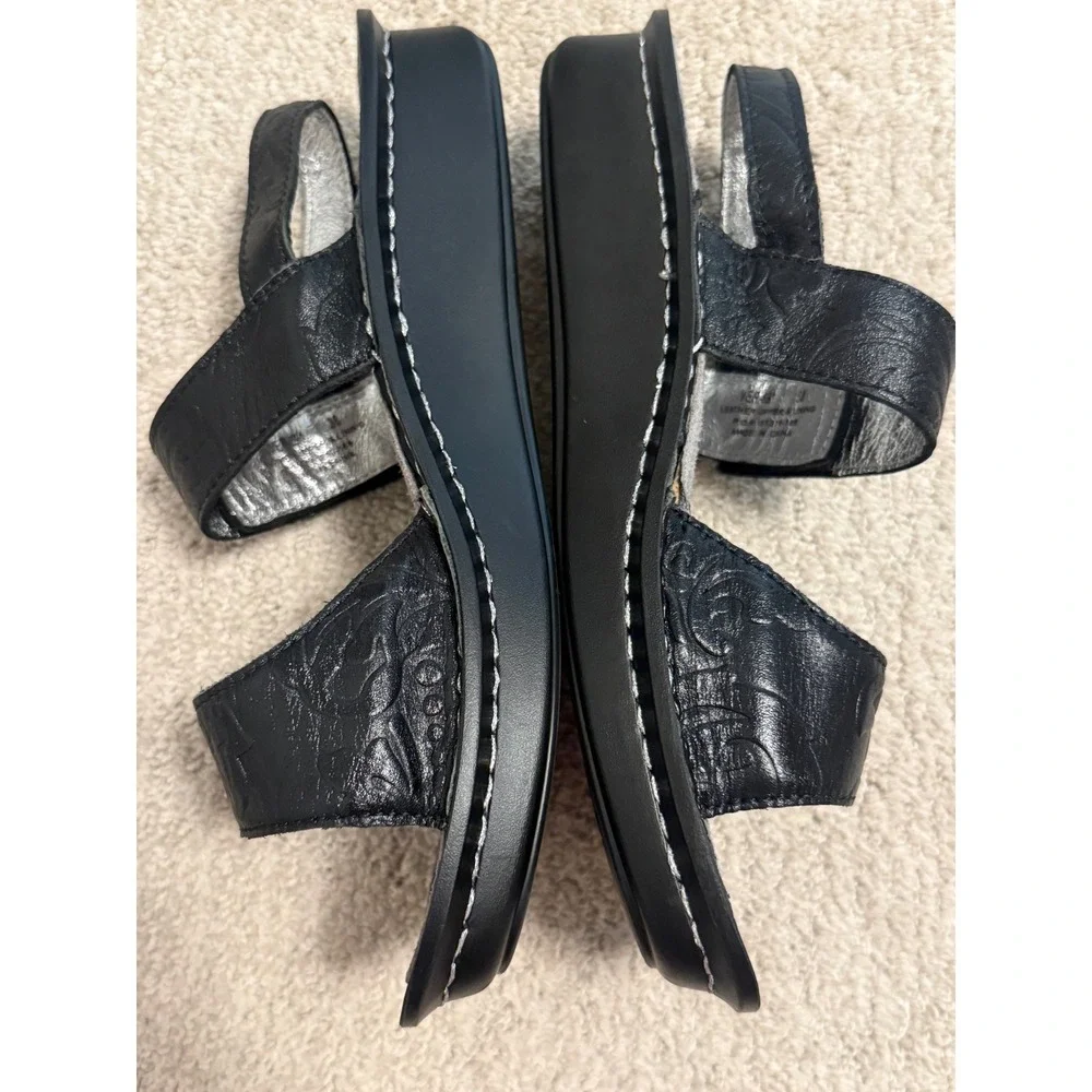 Alegria Verona Sandals Womens 38 Black Excellent Floral Embossed Leather Comfort